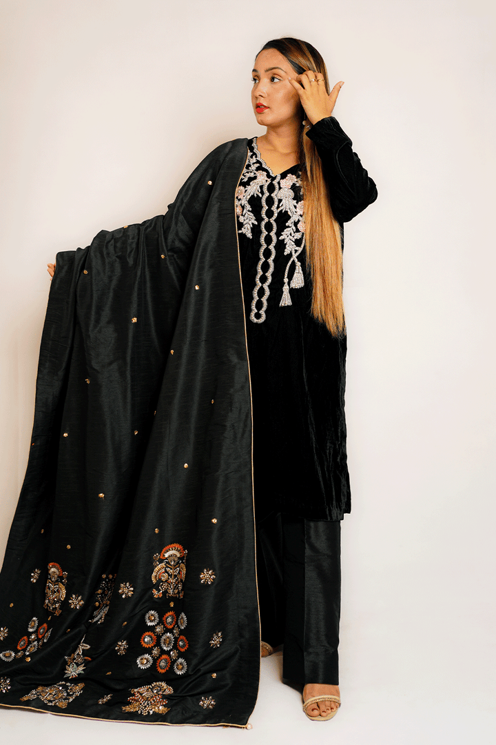 SILVER NECKLINE SFBLK-8 Black Velvet Dress - Sillhouete