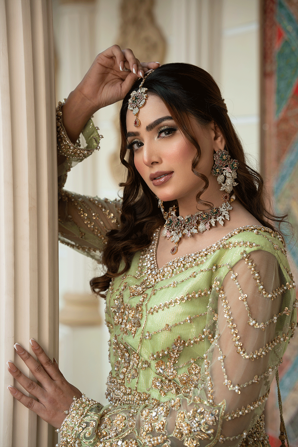 pista green net lehnga for wedding