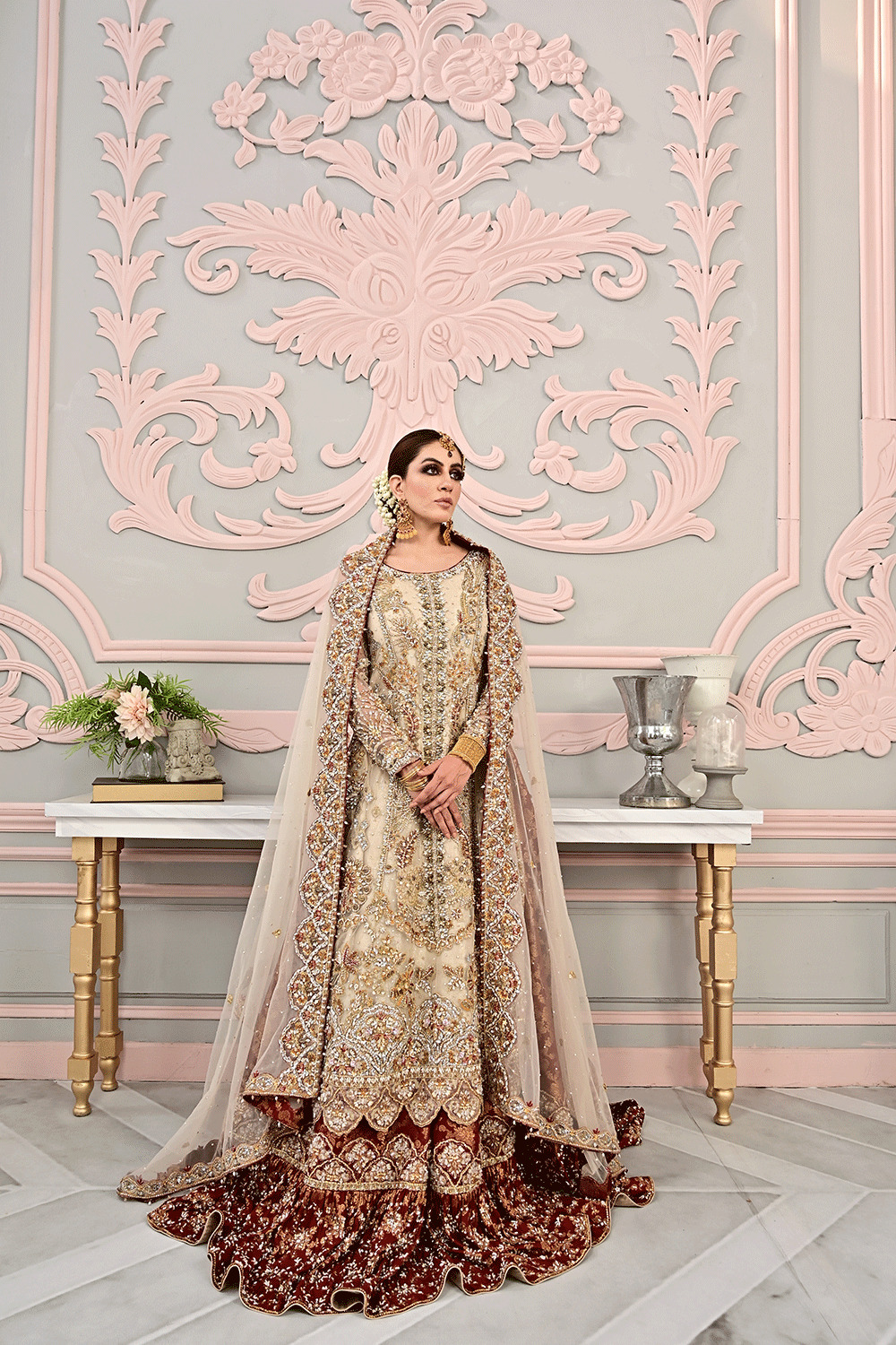 IVORY TAAJ SBI-2 Ivory Maroon Shalima Bridal - Sillhouete