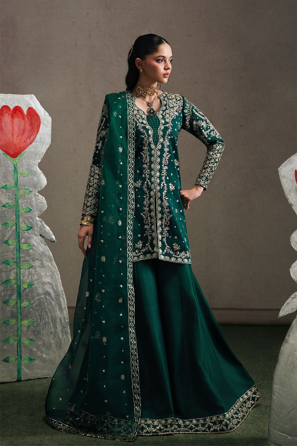 Amavi Emerald Green Embroidered Pret Outfit  Raha Eid Pret  Sillhouete