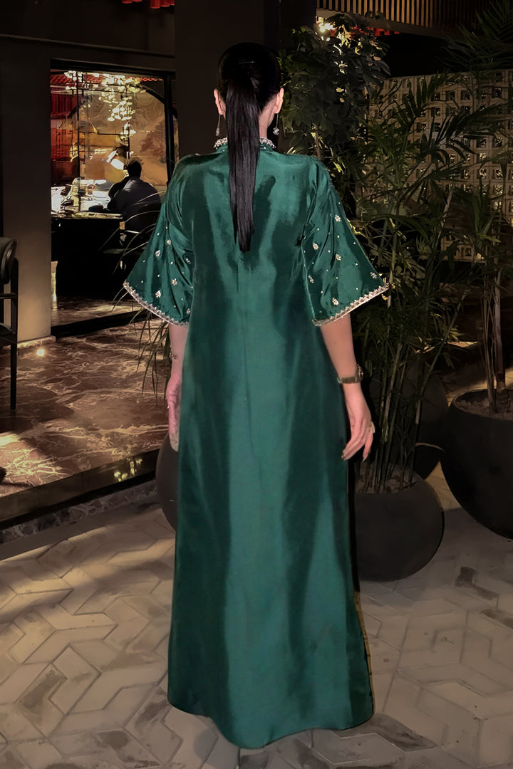 Bottle green silk formal dress