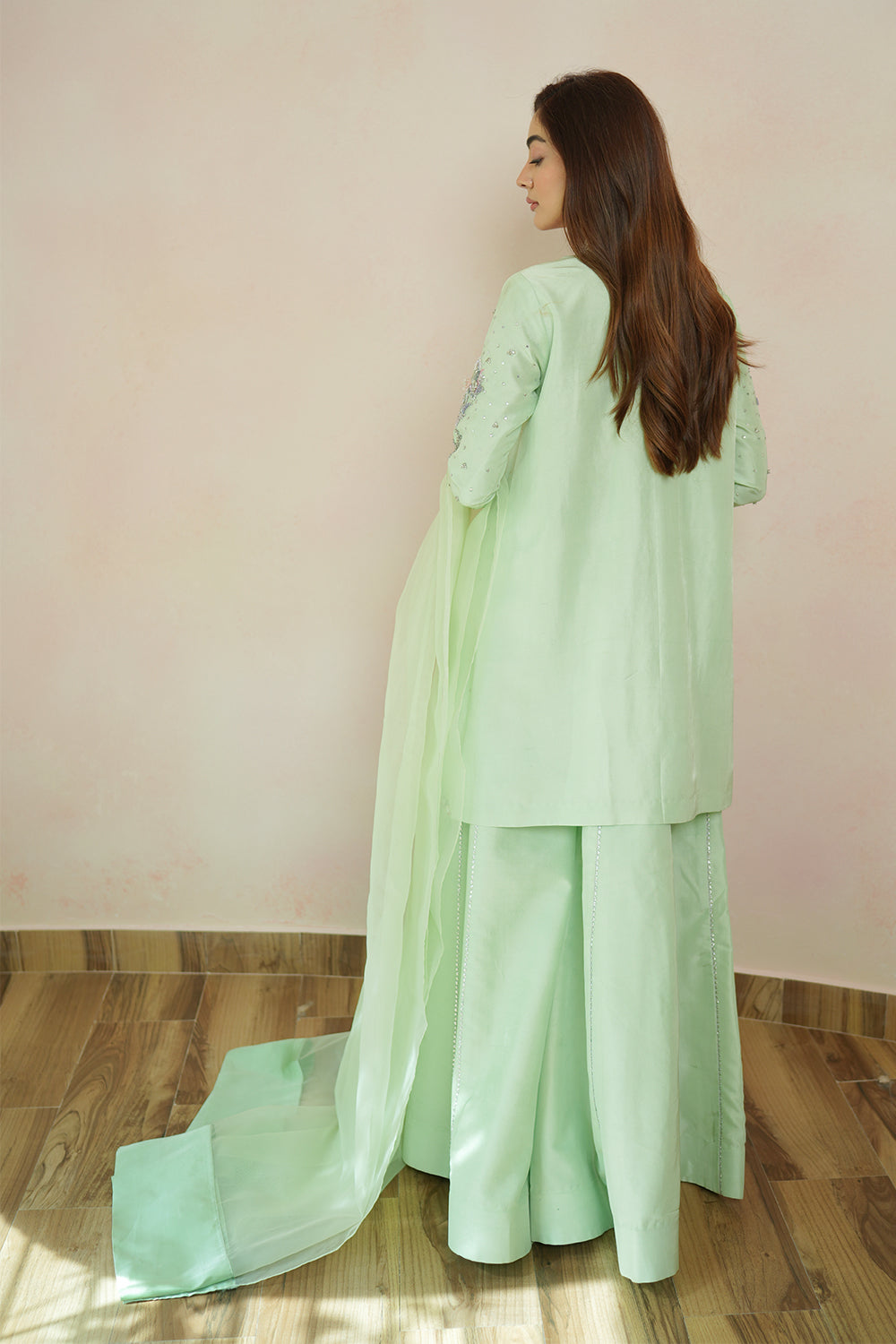 Pistachio green formal dress with long dupatta