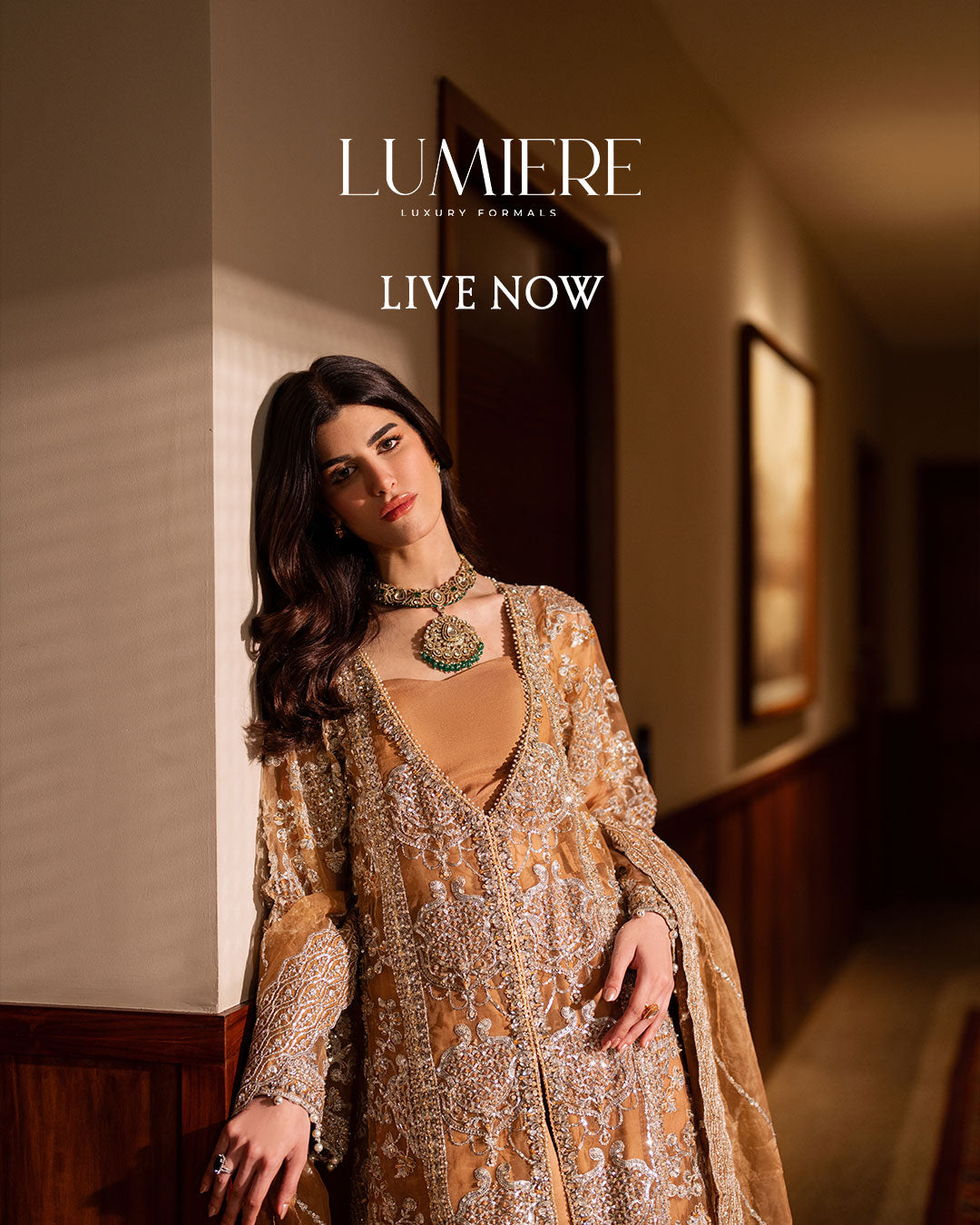 Gold formal embroidered dress with sheer sleeves, detailed front embellishment, and matching dupatta